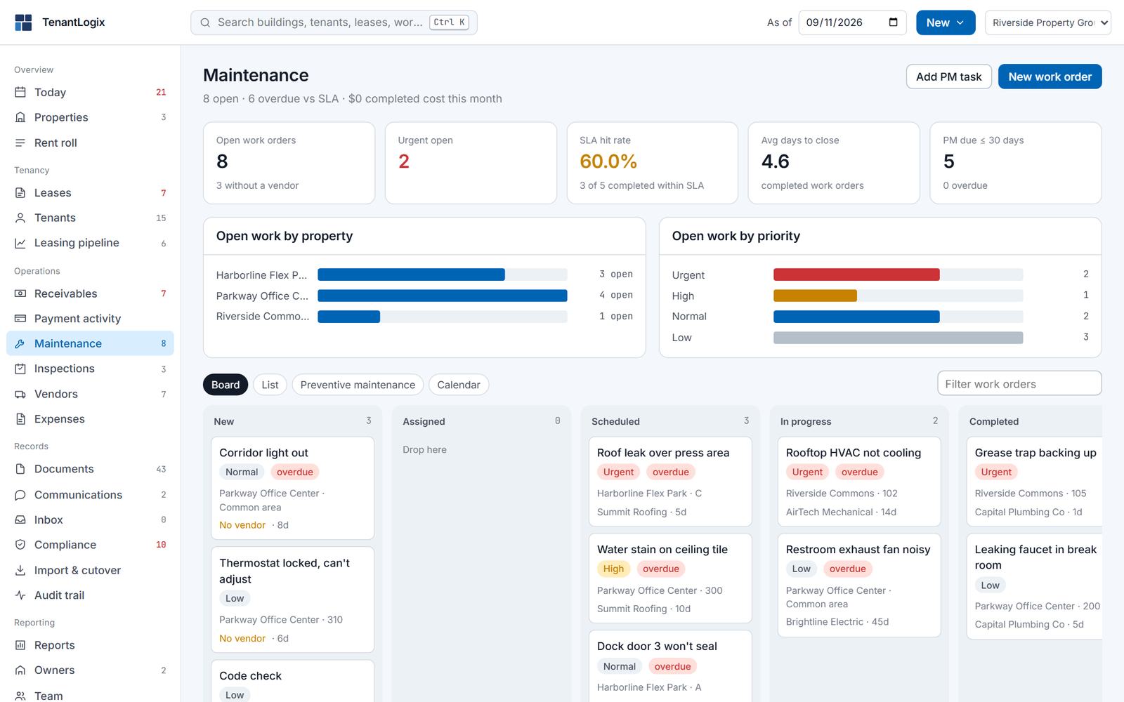 Maintenance: work orders with SLA state and vendors