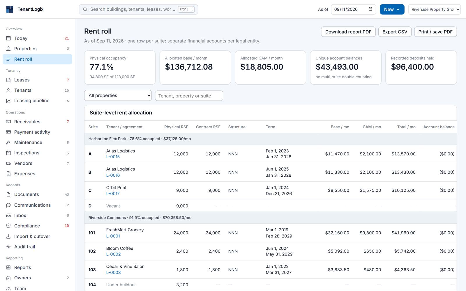 Rent roll: one row per suite with base rent, CAM and account balance